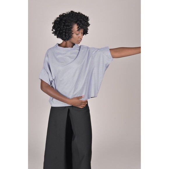 Gallego Desportes Twisted Collar Top Navy Blue Stripe Relaxed Boxy Nautical OS - Picture 2 of 9